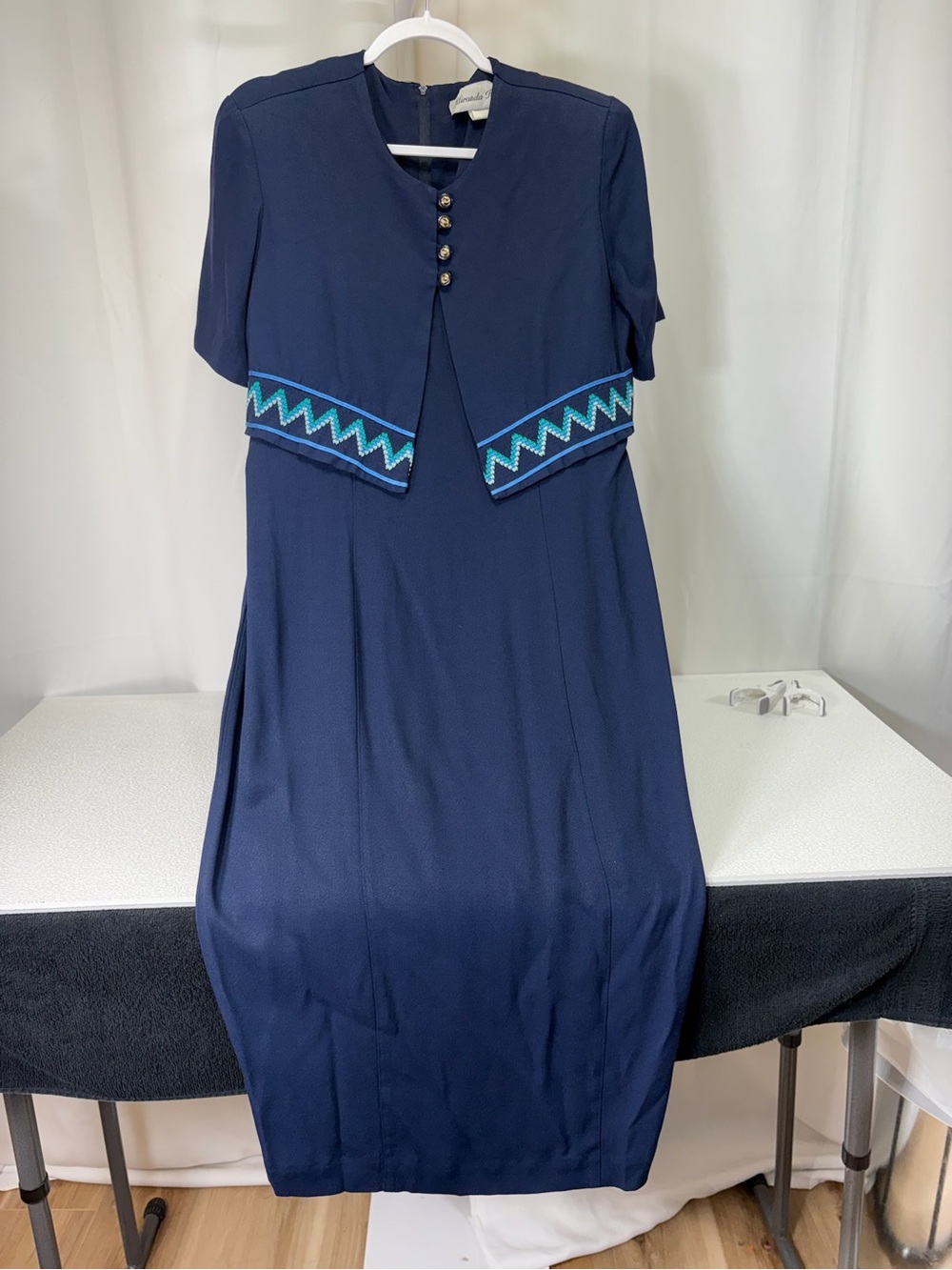 Navy Midi Dress with Embroidered Chevron Trim 3983